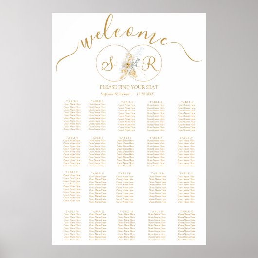 Elegant Gold Monogram Wedding Seding Chart Poster (Voorkant)