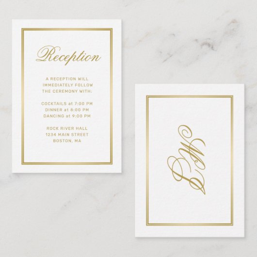 Elegant Gold Monogram White Weduwen Reception Informatiekaartje (Voorkant / Achterkant)