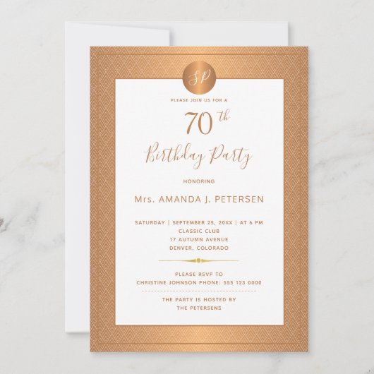 Elegant Gold Monogrammed Zeventig verjaardag Parti Kaart (Voorkant)