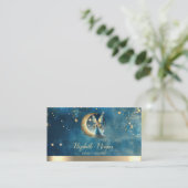 Elegant Gold Moon Fairy Stars Blue Watercolor Visitekaartje (Staand voorkant)