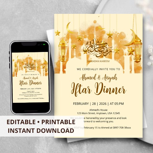 Elegant Gold Mosque Silhouette Iftar Dinner Kaart