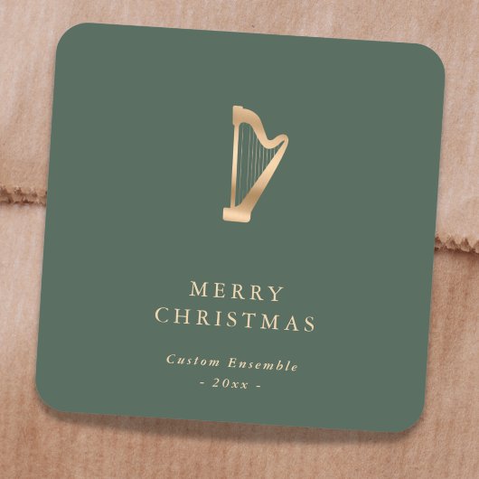 Elegant Gold Music Harp Christmas Green Vierkante Sticker