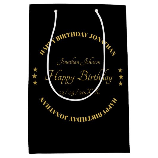 Elegant Gold Name Happy Birthday Gift Bag Medium Cadeauzakje (Voorkant)