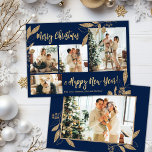 Elegant Gold Navy 4-fotocollage kerstkaart<br><div class="desc">Elegant, modern goud en zeemansbotanische bladeren 4 Foto-Collage Merry kerstvakantiekaartje. Deze festieve, mimimalistische, grillige sjabloon met vier (4) fotovakantiekaarten is voorzien van een fotocollage, faux gouden bladbladeren met botanische bladeren, winterbessen en zegt "Vrolijk Kerstfeest en Gelukkig Nieuwjaar"! De groettekst "Vrolijk Kerstmis en Gelukkig Nieuwjaar" is geschreven in een mooi lettertype...</div>