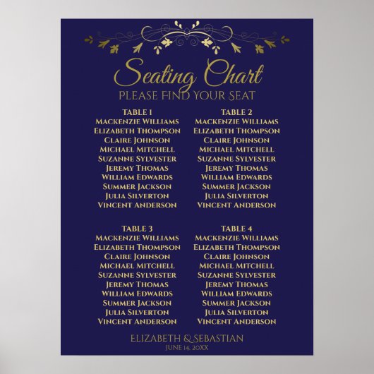 Elegant Gold & Navy 4-tabel weddenschappen Poster (Voorkant)