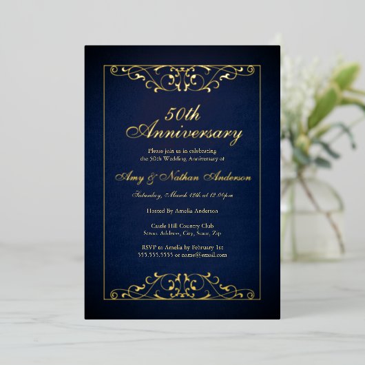 Elegant Gold Navy 50ste bruiloft Jubileum Folie Uitnodiging (Staand Voorkant)