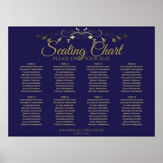 Elegant Gold & Navy 8-tabel weddenschappen Poster (Voorkant)
