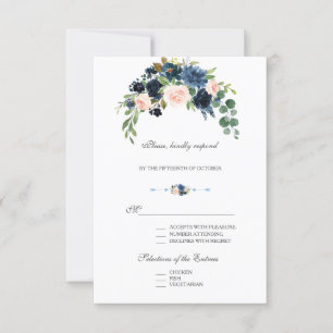 Elegant Gold Navy Blue Blush Flowers Bloom RSVP Kaartje
