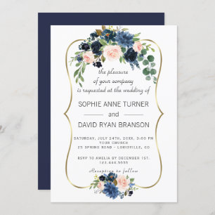 Elegant Gold Navy Blue Blush Flowers Bloom Wedding Kaart