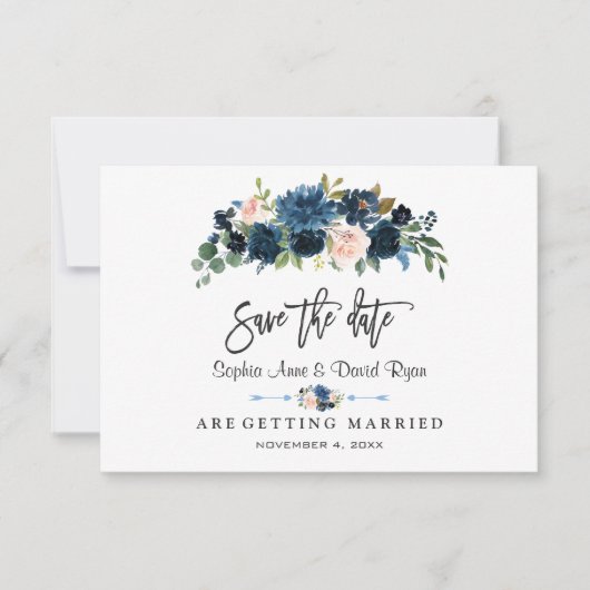 Elegant Gold Navy Blue Blush Flowers Handschrift Save The Date (Voorkant)