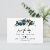 Elegant Gold Navy Blue Blush Flowers Handschrift Save The Date (Staand voorkant)