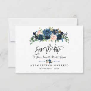 Elegant Gold Navy Blue Blush Flowers Handschrift Save The Date