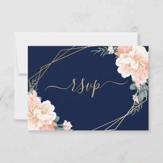 Elegant Gold Navy Blue Blush Peach Floral Wedding RSVP Kaartje (Voorkant)