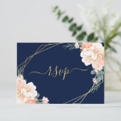Elegant Gold Navy Blue Blush Peach Floral Wedding RSVP Kaartje (Staand voorkant)