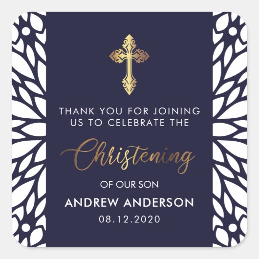 Elegant Gold & Navy Blue doopsel dank u Vierkante Sticker (Voorkant)