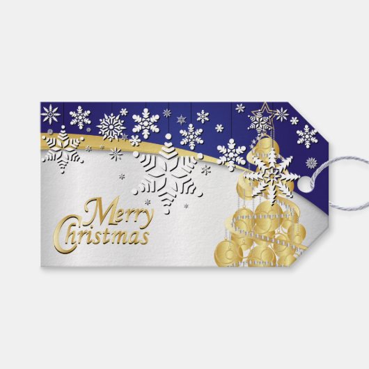 Elegant Gold, Navy Blue en White Kerstmis Cadeaulabel (Voorkant (Horizontaal))