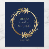 Elegant Gold Navy Blue Eucalyptus Wreath Weddensch Wijn Etiket (Enkel label)