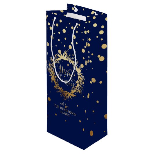 Elegant Gold Navy Blue Merry kerst Wreate Wijn Cadeautas (Achterkant Gekanteld)