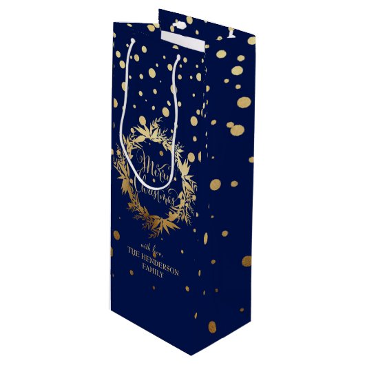 Elegant Gold Navy Blue Merry kerst Wreate Wijn Cadeautas (Voorkant Gekanteld)