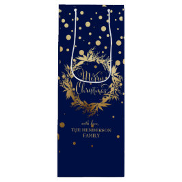 Elegant Gold Navy Blue Merry kerst Wreate Wijn Cadeautas