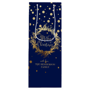 Elegant Gold Navy Blue Merry kerst Wreate Wijn Cadeautas