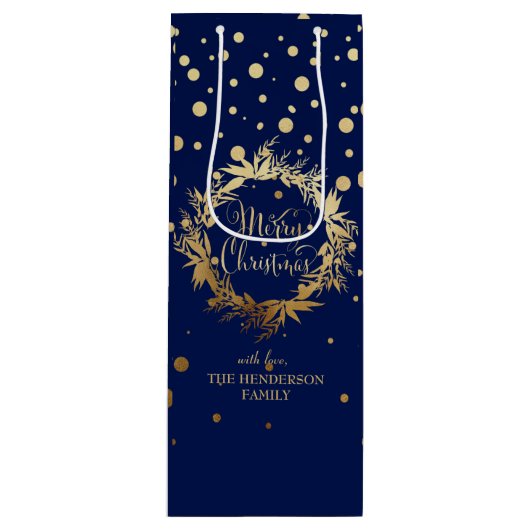 Elegant Gold Navy Blue Merry kerst Wreate Wijn Cadeautas (Voorkant)