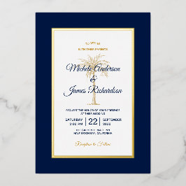 Elegant Gold Navy Blue Palm Tree Beach Weddenschap Folie Uitnodiging