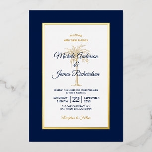 Elegant Gold Navy Blue Palm Tree Beach Weddenschap Folie Uitnodiging