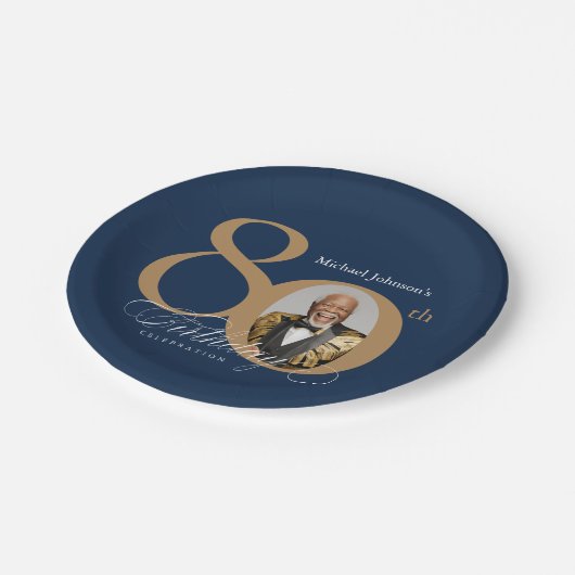Elegant Gold Navy Blue Photo 80th Birthday Papieren Bordje (Gekanteld)