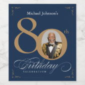 Elegant Gold Navy Blue Photo 80th Birthday Wijn Etiket (Enkel label)