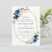 Elegant Gold Navy Blue Pink Flowers Bloom Wedding Kaart (Staand voorkant)