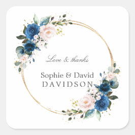 Elegant Gold Navy Blue Pink Flowers Bloom Wedding Vierkante Sticker