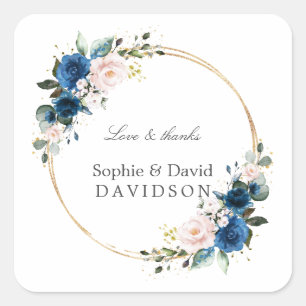 Elegant Gold Navy Blue Pink Flowers Bloom Wedding Vierkante Sticker