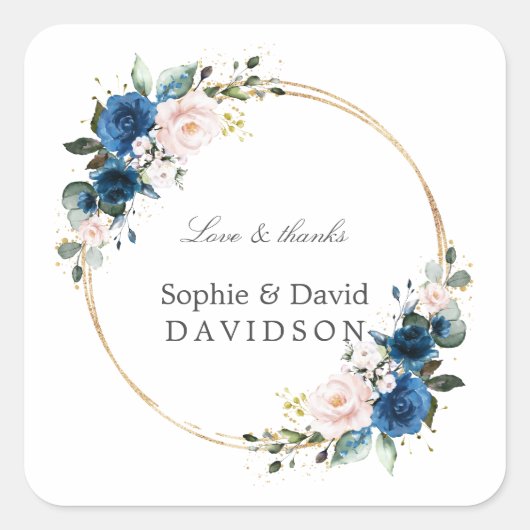 Elegant Gold Navy Blue Pink Flowers Bloom Wedding Vierkante Sticker (Voorkant)