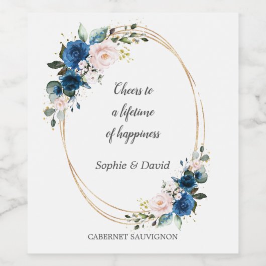 Elegant Gold Navy Blue Pink Flowers Bloom Wedding Wijn Etiket (Enkel label)