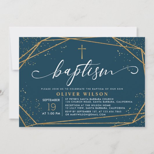 Elegant Gold & Navy Boy Baptism Uitnodiging (Voorkant)