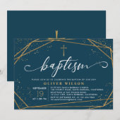 Elegant Gold & Navy Boy Baptism Uitnodiging (Voorkant / Achterkant)