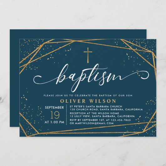 Elegant Gold & Navy Boy Baptism Uitnodiging (Voorkant / Achterkant)