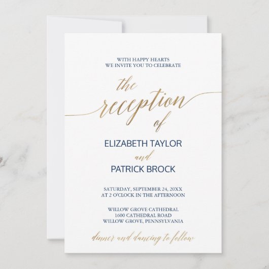 Elegant Gold & Navy Calligraphy Reception - Gegeve Kaart (Voorkant)