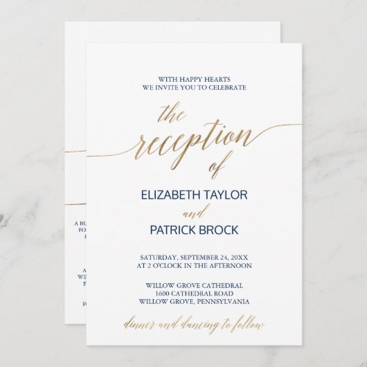 Elegant Gold & Navy Calligraphy Reception - Gegeve Kaart (Voorkant / Achterkant)