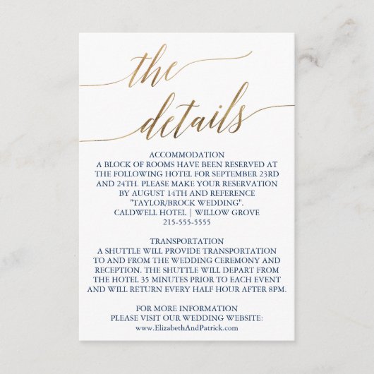 Elegant Gold & Navy Calligraphy Wedding Details Informatiekaartje (Voorkant)