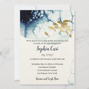 Elegant Gold Navy Fish Onderwater Zee Bat Mitzvah Kaart