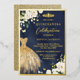 Elegant Gold Navy Floral Tiara Dress Quinceanera Folie Uitnodiging