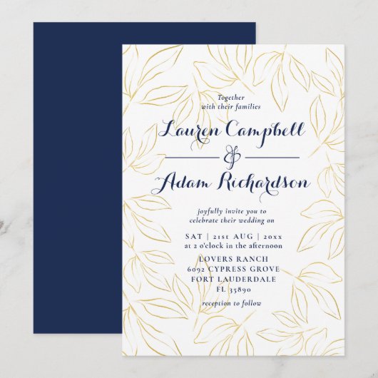 Elegant Gold & Navy Foliage Calligraphy Wedding Kaart (Voorkant / Achterkant)