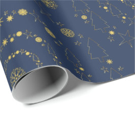 Elegant Gold Navy Handrawn Chrismas Patronen Cadeaupapier