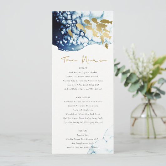 Elegant Gold Navy Onderwater Vis Menu Kaart (Staand voorkant)