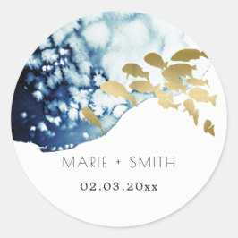 Elegant Gold Navy Onderwater Zee Visbruiloft Ronde Sticker