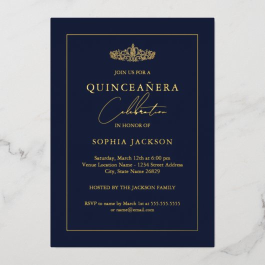 Elegant Gold Navy Quinceanera 15e verjaardag Folie Uitnodiging (Voorkant)