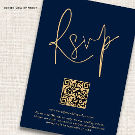 Elegant Gold Navy Script QR Code Wedding RSVP Kaar Kaartje