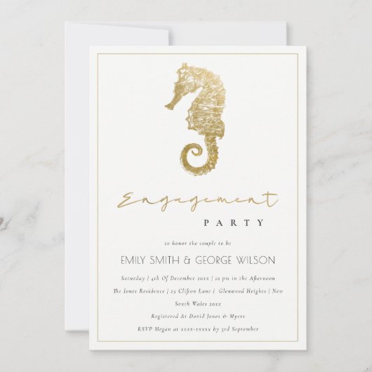 ELEGANT GOLD NAVY SEAHORSE ENGAGEMENT ARTIJ INVITE BEDANKKAART (Voorkant)